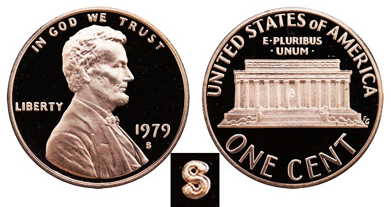 Side-by-side comparison of 1979-S Type 1 Filled S versus Type 2 Clear S mint marks under magnification