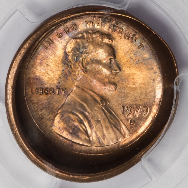 1979-D penny die cap mint error showing cupped shape with distorted obverse design and blank reverse