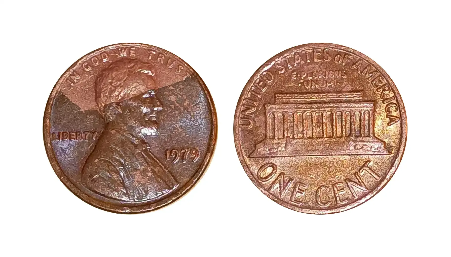 Group of 1979 Lincoln Memorial pennies showing Philadelphia, Denver, and both San Francisco proof varieties