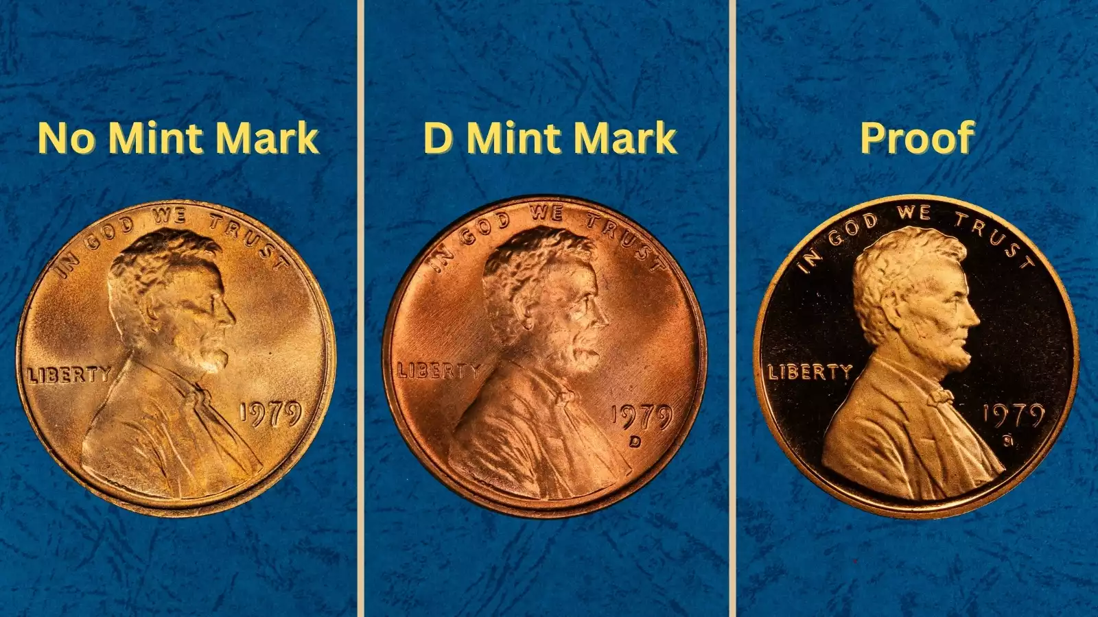 1979 penny grading strip showing four condition tiers from worn to gem uncirculated with original red luster